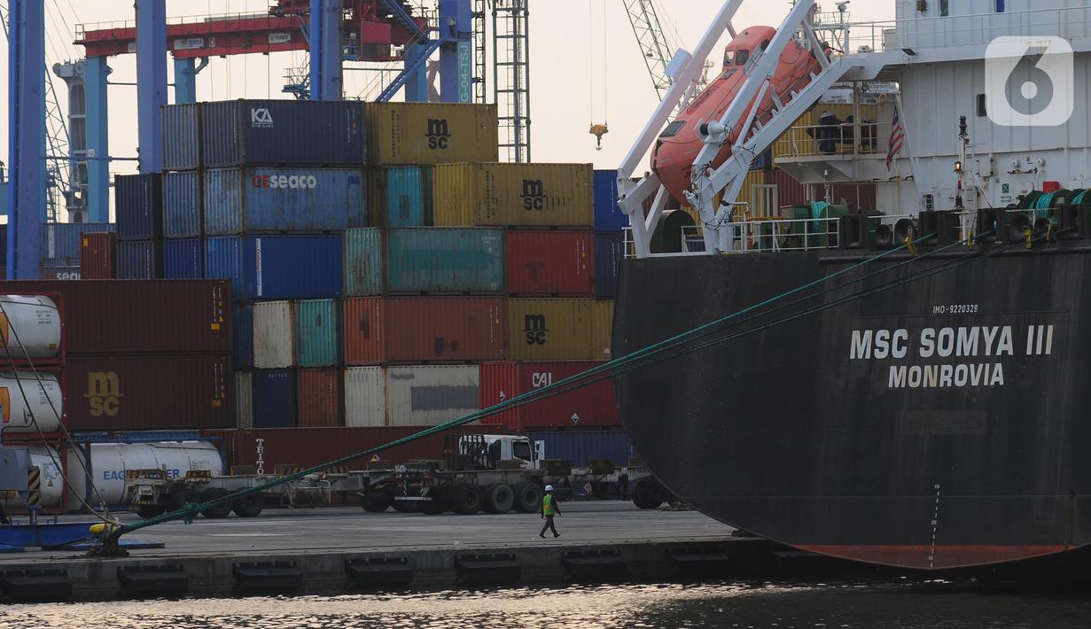 Kapal bongkar muat peti kemas di dermaga Pelabuhan Tanjung Priok, Jakarta, Selasa (6/5/2023). (merdeka.com/Imam Buhori)