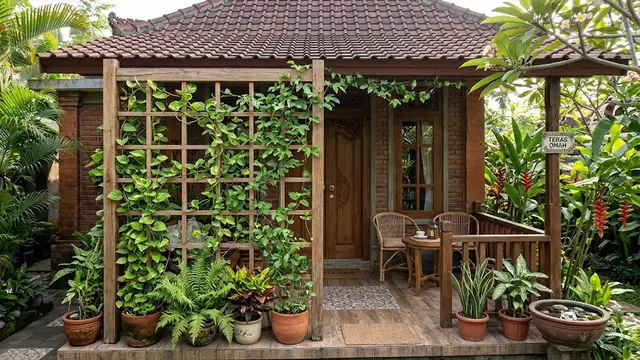 Inspirasi sekat teras dari material alami untuk rumah mungil model sekat kayu dan tanaman merambat