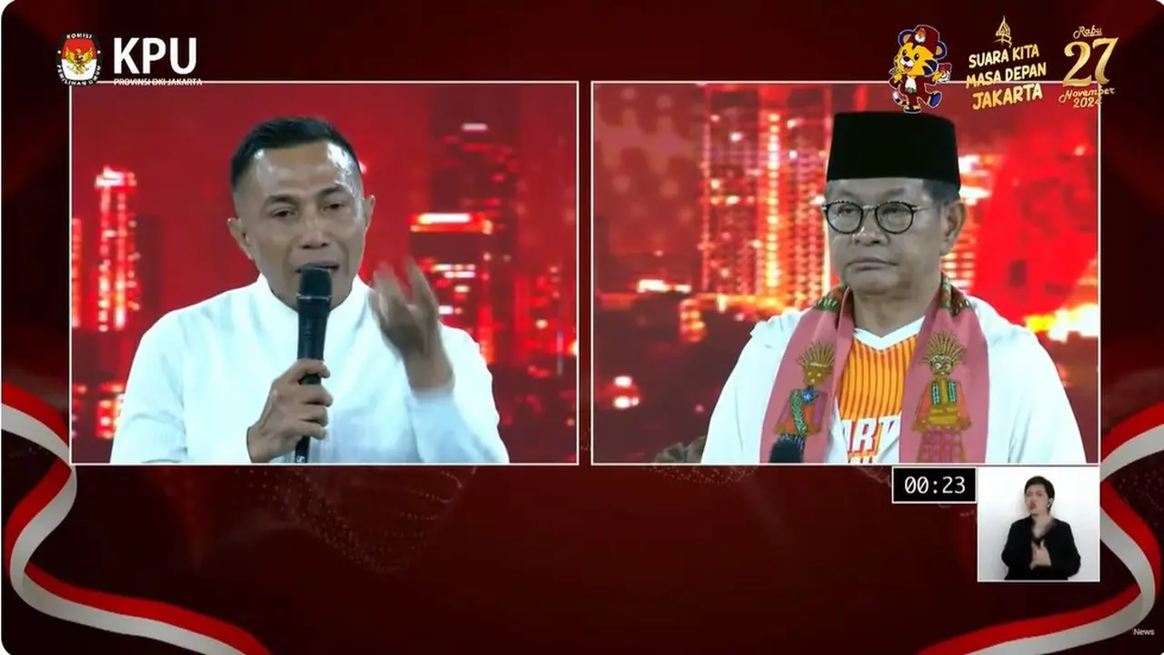 Cagub Jakarta nomor urut 2 Dharma Pongrekun dan Cagub Jakarta nomor urut 3 Pramono Anung dalam debat perdana Pilkada Jakarta 2024