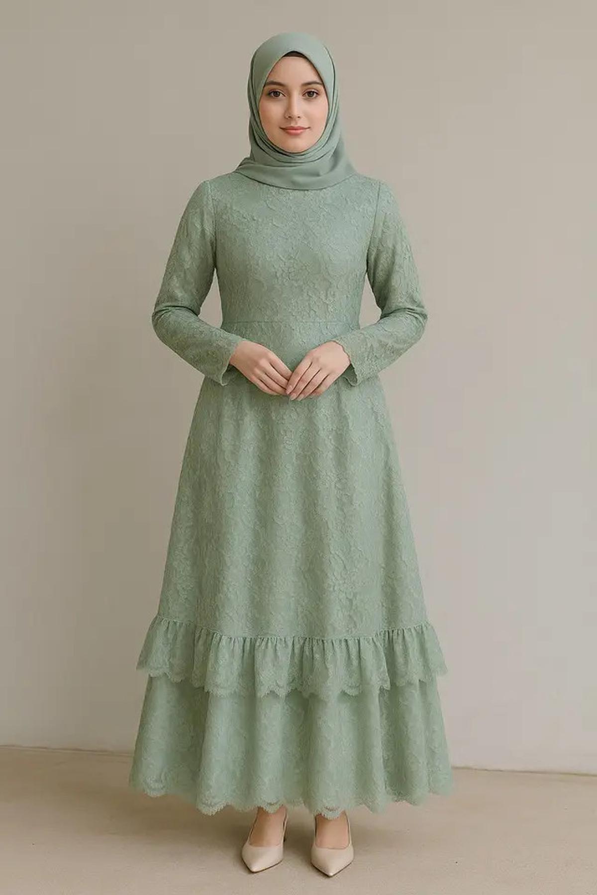 8 Inspirasi Gamis Brokat Islami Warna Sage, dari Simpel hingga Glamour