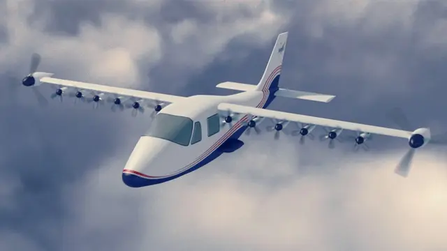 Foto konsep pesawat bertenaga listrik X-57 rancangan NASA. Photo by NASA