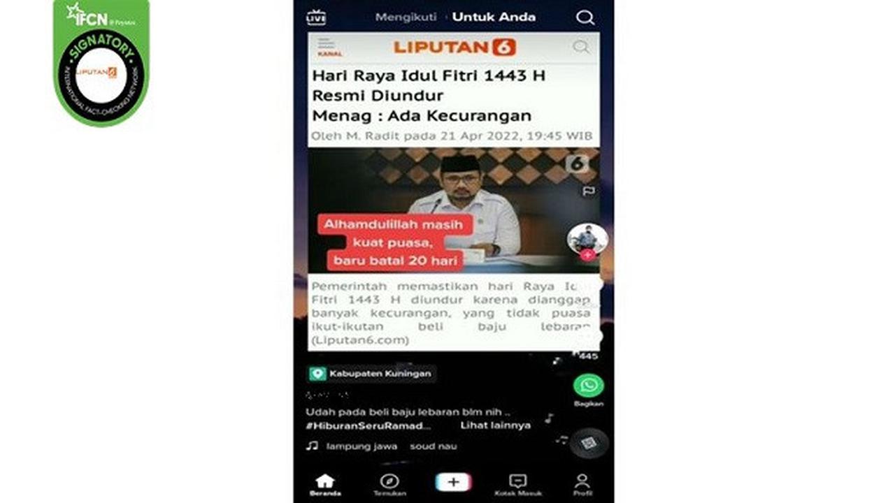 Gambar Tangkapan Layar Kabar Hoaks Idul Fitri 1443 H Diundur (sumber: TikTok).