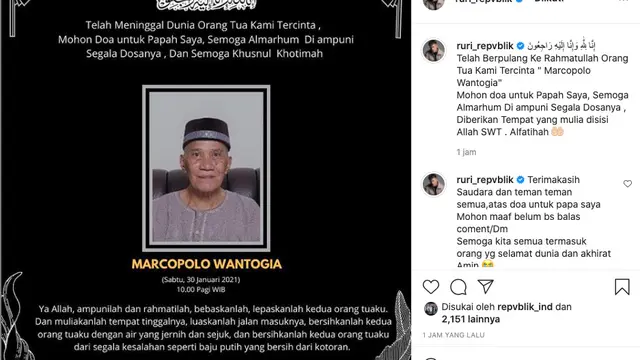 Ayah Ruri Wantogia Meninggal Dunia