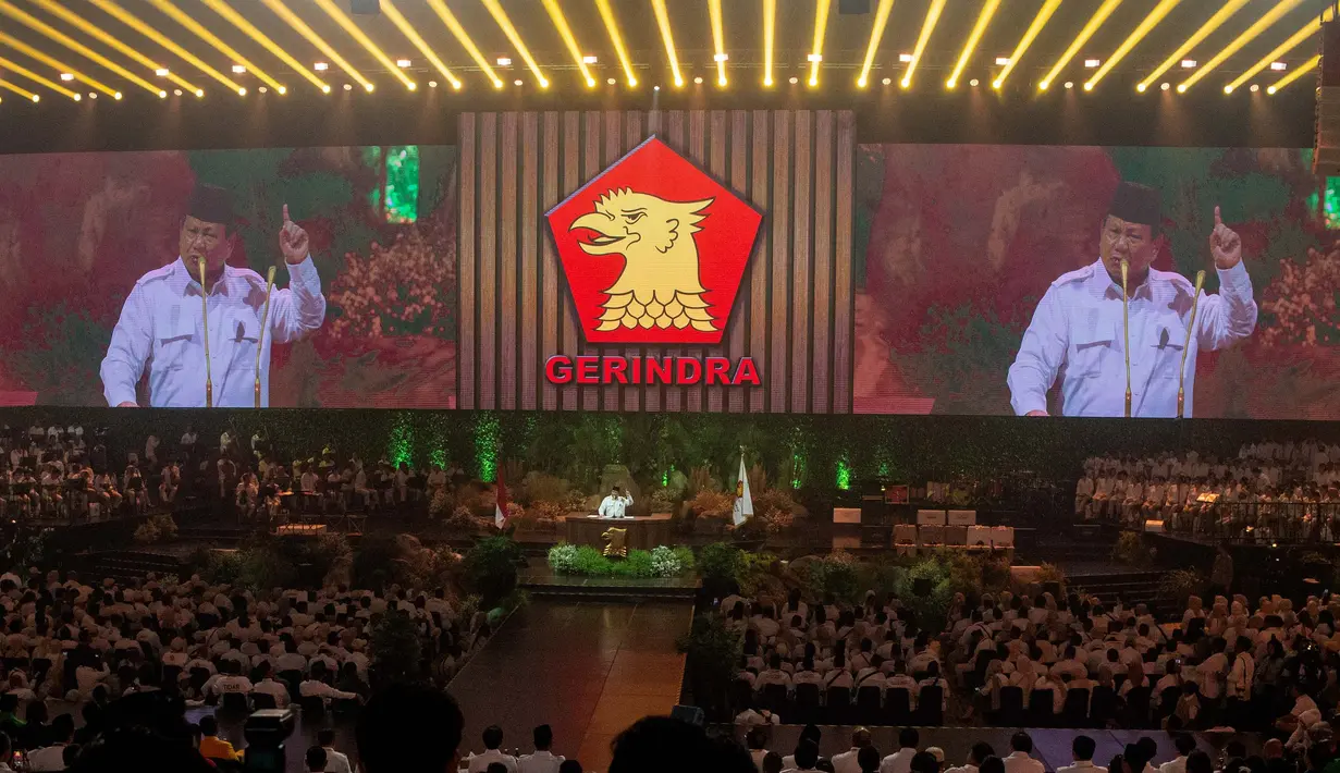 Untuk diketahui, puncak Hari Ulang Tahun HUT ke-17 Gerindra digelar di Sentul International Convention Center (SICC), Bogor, Jawa Barat, Sabtu (15/2/2025). (ADITYA AJI/AFP)