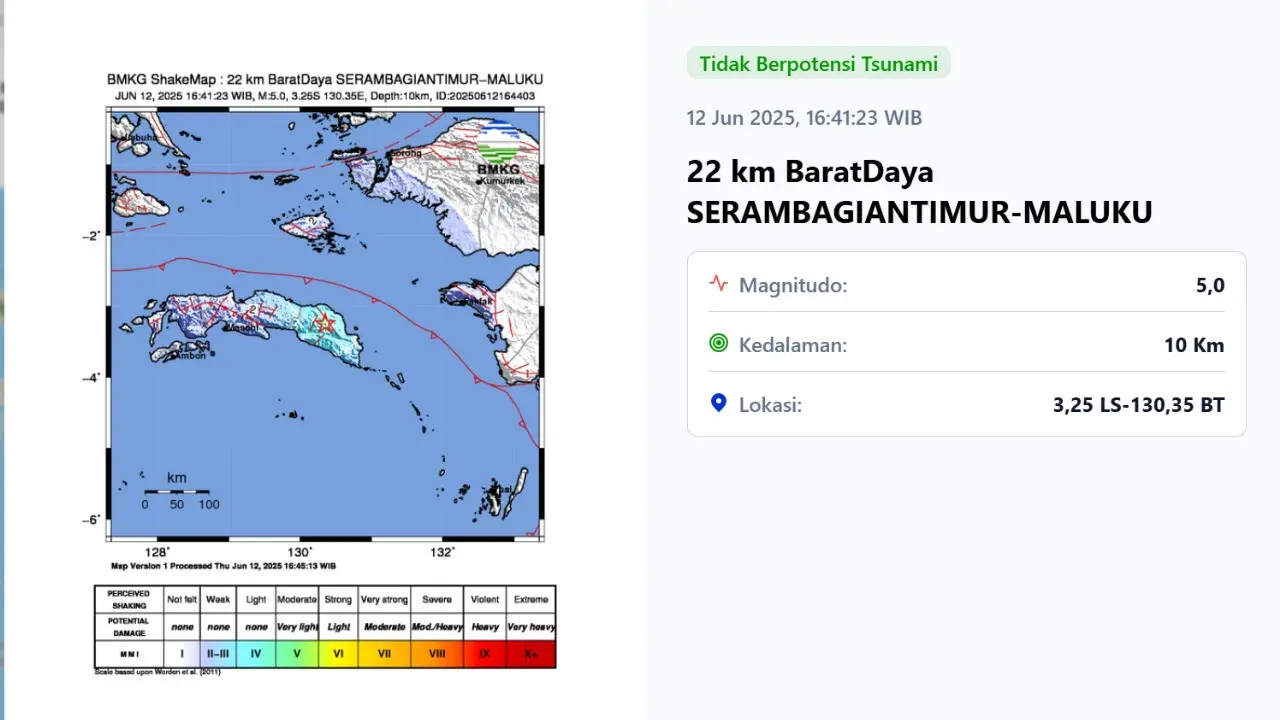 Gempa hari ini, Kamis (12/6/2025) pertama terjadi pukul 16:41:23 WIB di wilayah Seram Bagian Timur, Provinsi Maluku.