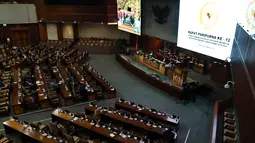 Suasana rapat paripurna terakhir masa kepemimpinan periode 2014-2019 di Kompleks Parlemen, Jakarta, Senin (30/9/2019). DPR periode 2014-2019 telah mengesahkan 91 RUU. (Liputan6.com/JohanTallo)