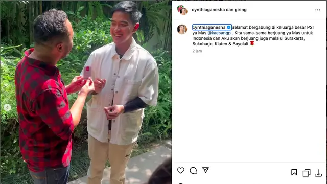 Kaesang Pangarep Sah Login ke PSI, Giring: Selamat Bergabung di Keluarga Besar PSI. (instagram.com/cynthiaganesha)