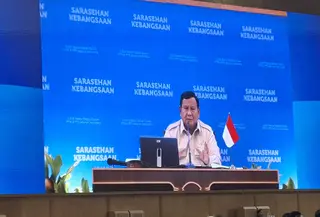 Prabowo saat menghadiri Sarasehan Kebangsaan 2.600 Rektor/Dekan/Dosen PTN & PTS Seluruh Indonesia. (Liputan6.com/Winda Nelfira)