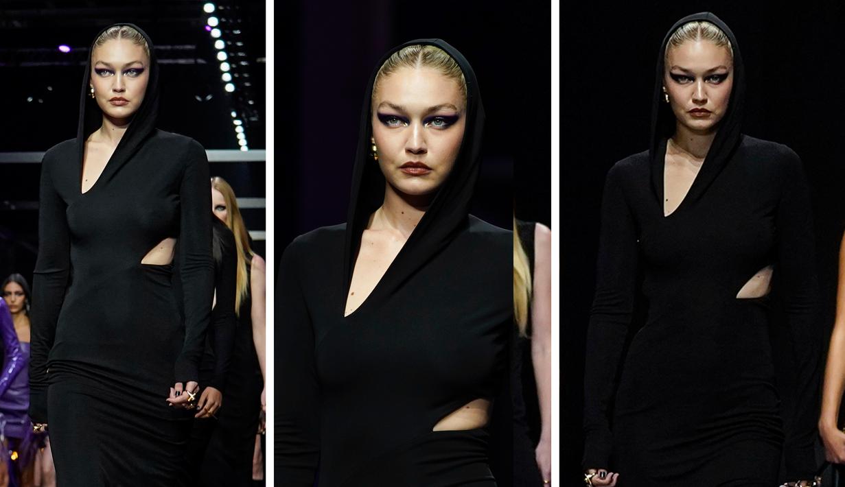 Foto kolase Gigi Hadid saat mengenakan koleksi Musim Semi Musim Panas 2023 wanita Versace selama event Milan Fashion Week di Milan, Italia (23/9/2022). (AP Photo/Alberto Pezzali)