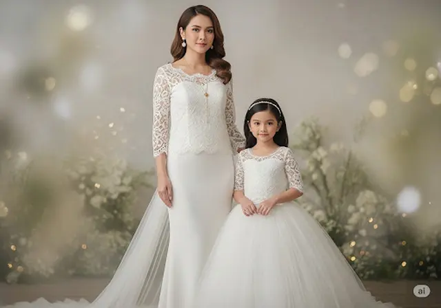 Brokat Dress Kombinasi Tulle yang Anggun/Baju Brokat Anak Kembaran dengan Ibu untuk Pesta (Sumber: gemini.com)