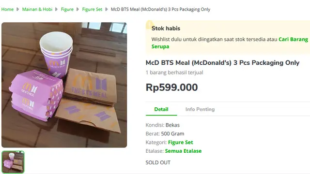 Tangkapan layar McD BTS Meal (McDonald's) 3 Pcs di laman e-commerce.