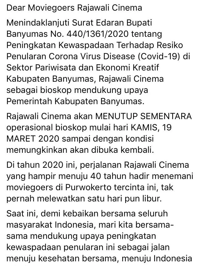 Surat dari pihak Rajawali Cinema Purwokerto, Jawa Tengah. (Foto: Twitter @RajawaliCinema)