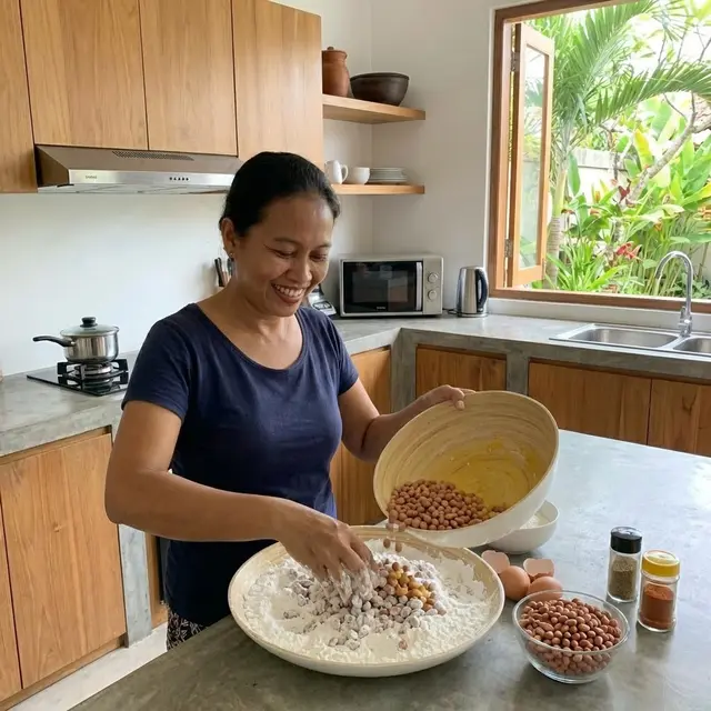 Masukkan kacang tanah ke adonan telur untuk kacang telur kribo (Gemini AI)
