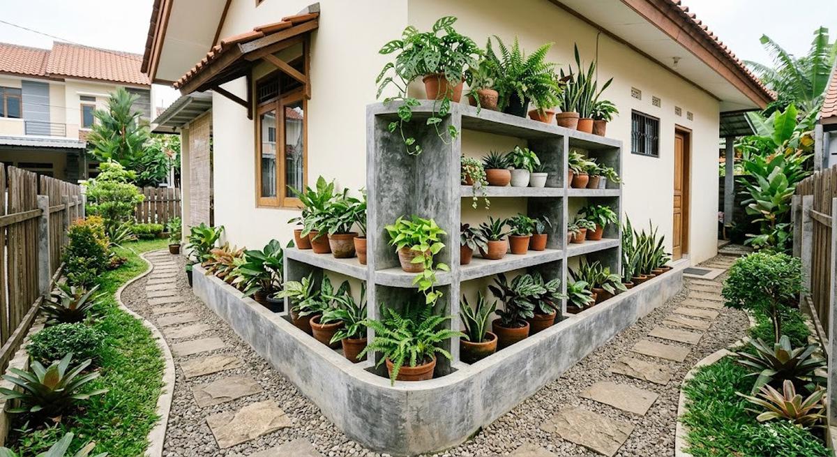 9 Desain Rak Tanaman Permanen dari Beton di Sisi Rumah, Solusi Lahan Sempit