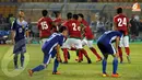 Pemain timnas Indonesia U19 melakukan selebrasi usai Paulo Oktavianus Sitanggang menjebol gawang Laos pada pertandingan yang digelar di Stadion GBK Jakarta (Liputan6.com/Helmi Fithriansyah)