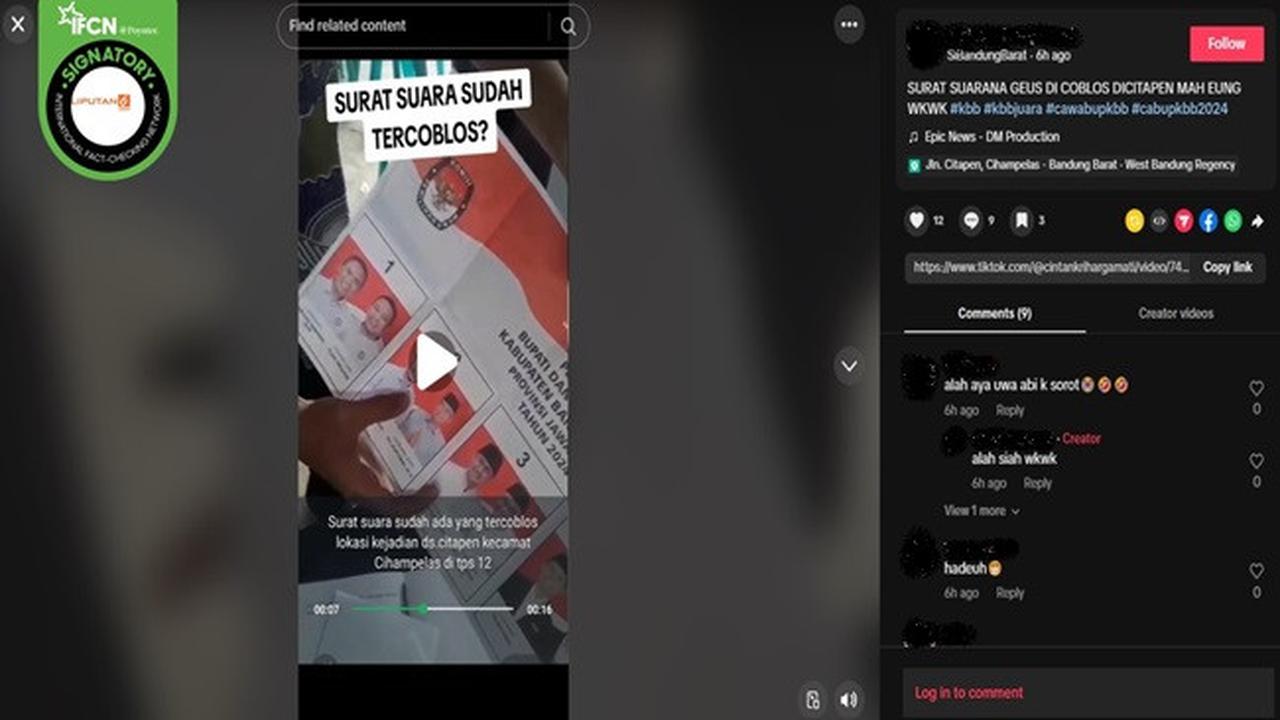 Gambar tangkapan kabar tentang surat suara sudah tercoblos di Pilbup Bandung Barat 2024. (sumber: TikTok)