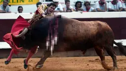 Matador Spanyol Daniel Luque saat menaklukkan seekor banteng Pedraza de Yeltes selama Festival Dax di Dax Arena, barat daya Prancis (14/8). (AFP Photo/Iroz Gaizka)