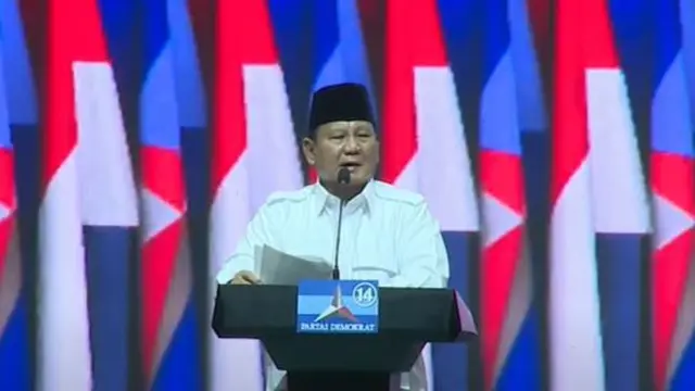 Ketua Umum (Ketum) Partai Gerindra Prabowo Subianto saat menghadiri acara deklarasi capres Partai Demokrat di JCC, Senayan, Jakarta, Kamis (21/9/2023).