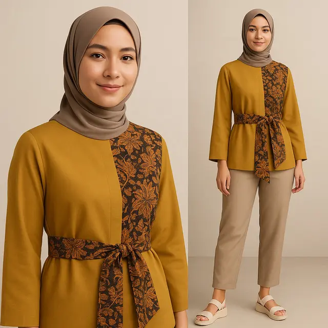 Model Blouse Batik Kombinasi Polos/Ilustrasi gambar oleh AI