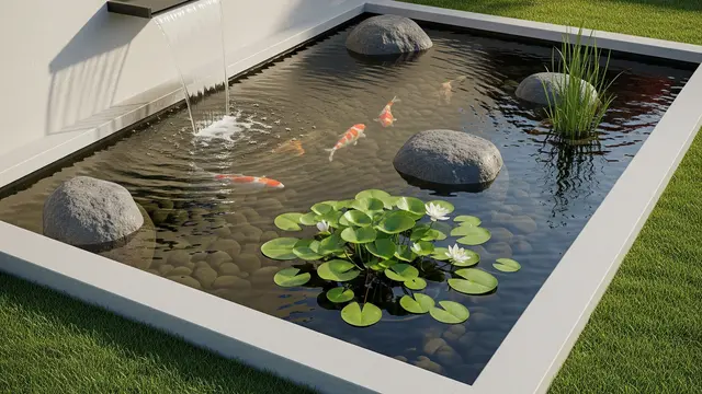 Kolam Ikan Minimalis dengan Air Terjun Mini di Sudut Taman