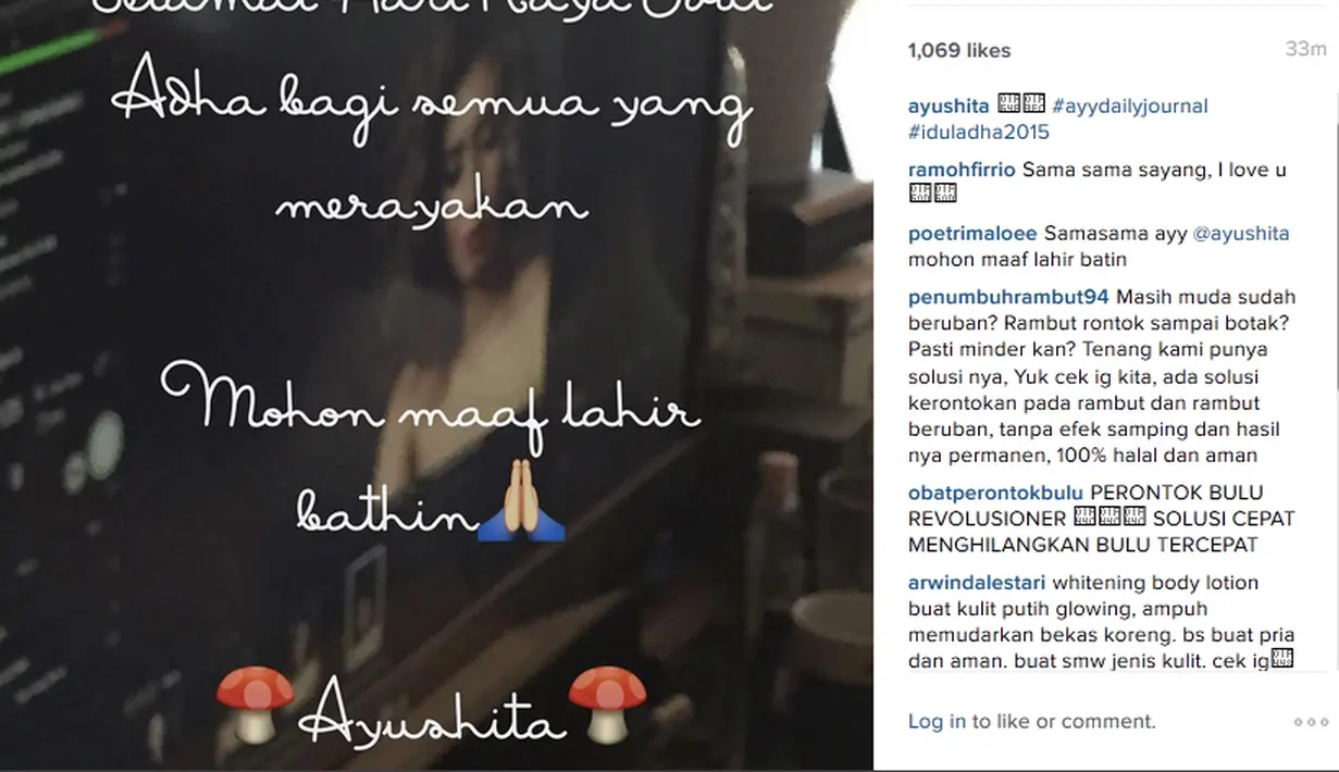 Ayushita mengunggah kata-kata bijak berisi ucapan hari raya Idul Adha yang berlatar belakang gambar dirinya di akun instagram @ayushita. (via instagram/@ayushita)