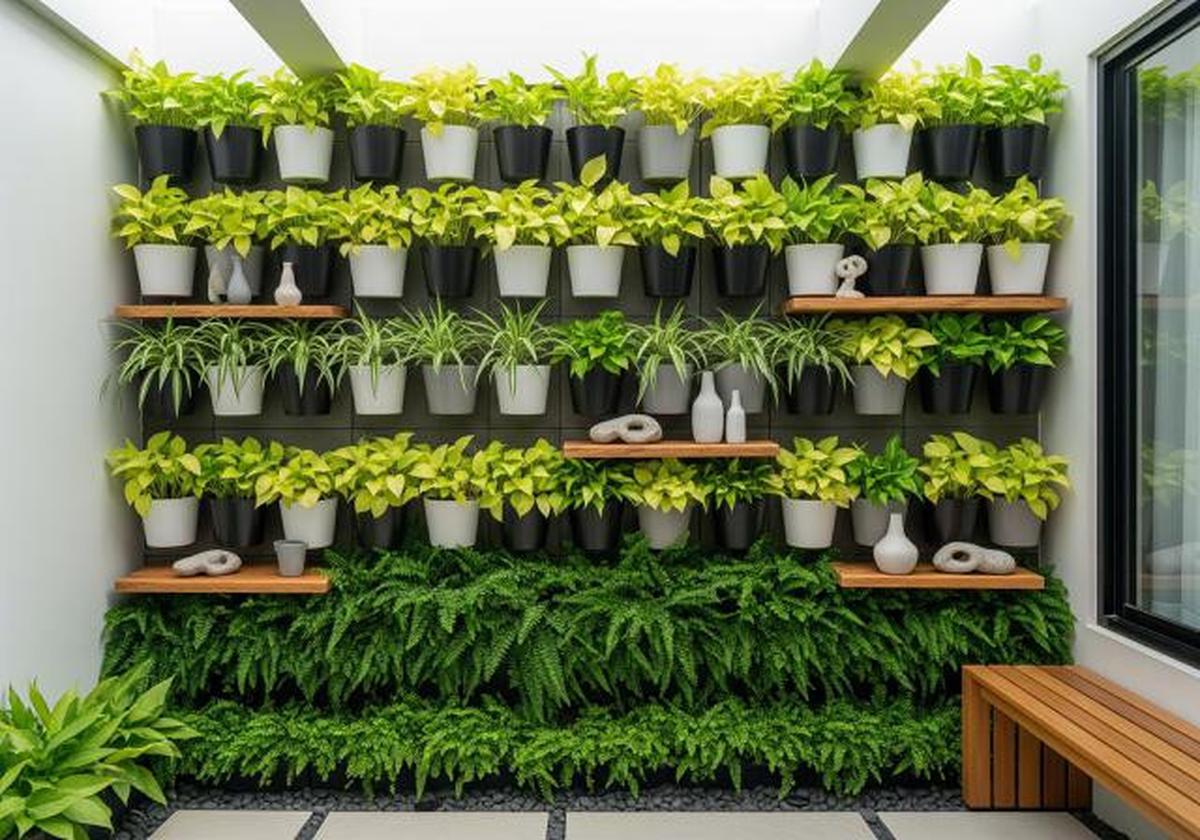 Dinding Hijau Vertikal dengan Pot Tempel Minimalis/Inspirasi Teras dengan Pot Gantung (Sumber: gemini.com)