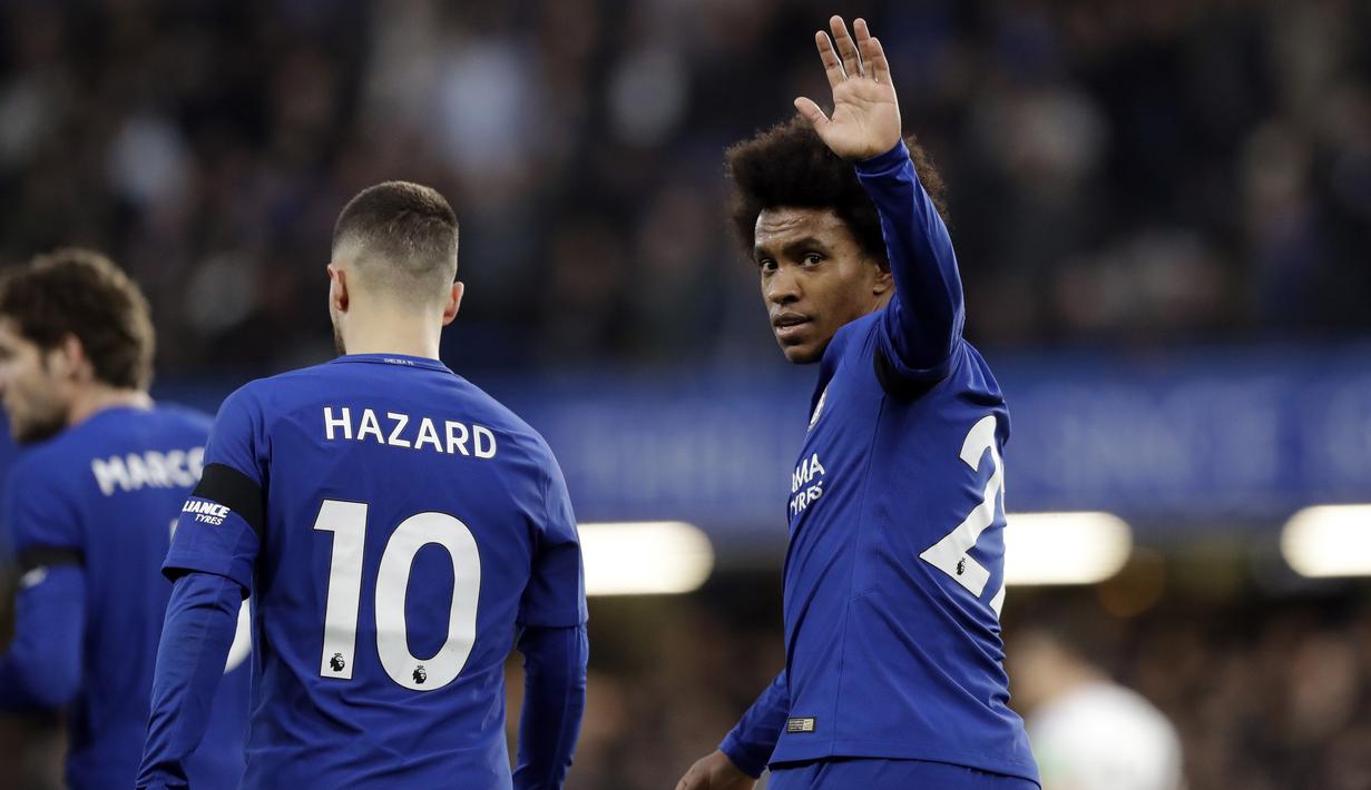 Willian merayakan golnya ke gawang Crystal Palace pada lanjutan Premier League di Stamford Bridge stadium, London, (10/3/2018). Chelsea menang 2-1.(AP/Matt Dunham)