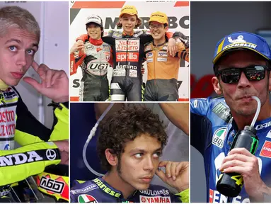 Pembalap MotoGP, Valentino Rossi, terkenal dengan penampilnnya yang nyentrik. Berikut gaya pembalap asal Italia ini dari masa ke masa. (Foto Kolase AFP)
