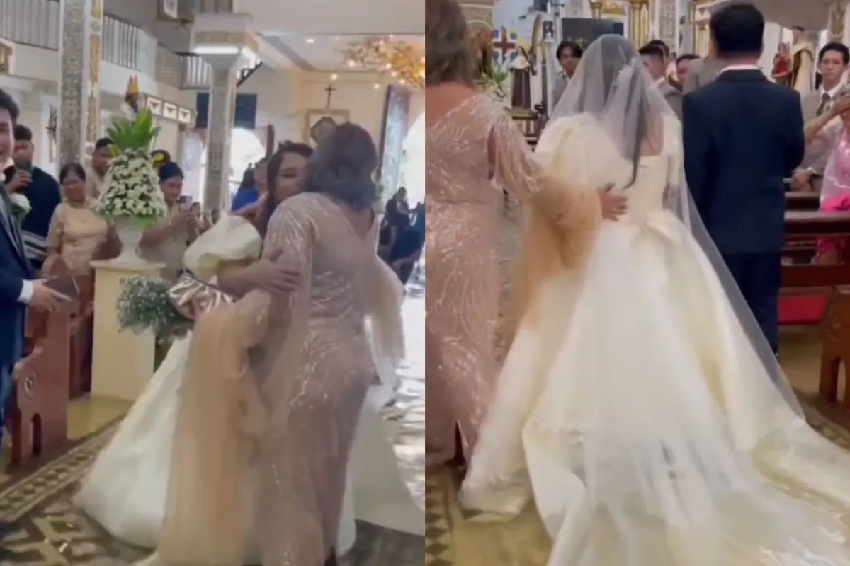 Pasangan pengantin di Filipina melanjutkan acara pemberkatan pernikahan mereka meskipun gerejanya tergenang banjir usai Topan Doksuri. (Twitter/@Earth42morrow)
