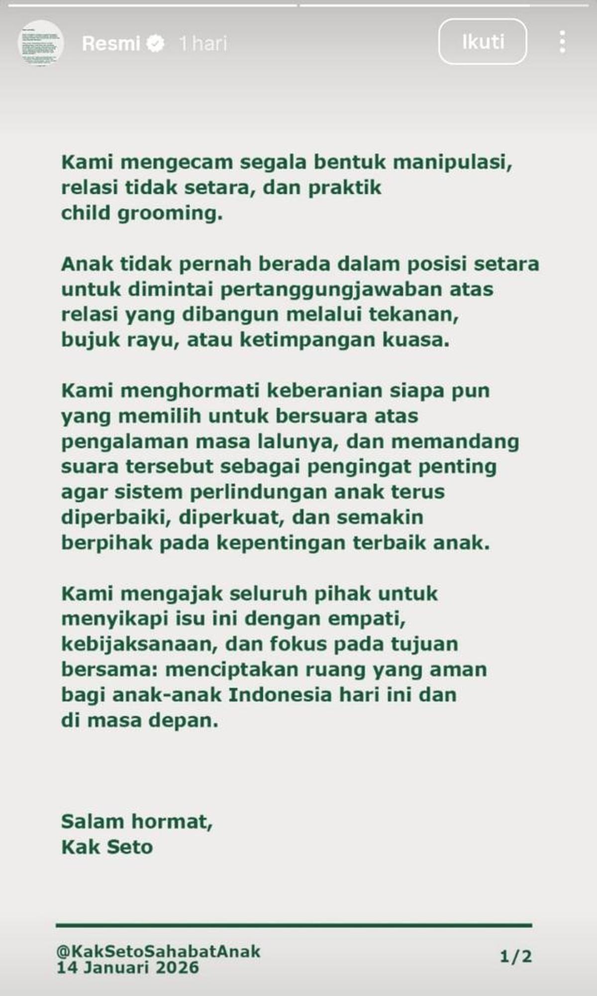 Kak Seto Kecam Praktik Child Grooming, Setelah Buku Broken Strings Aurelie Moeremans Viral