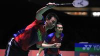 Ganda putra Indonesia Mohammad Ahsan/Hendra Setiawan saat berlaga pada semifinal Kejuaraan Dunia Bulu Tangkis 2022 di&nbsp;Tokyo Metropolitan Gymnasium, Tokyo, Jepang, Sabtu (27/8). (foto: PBSI)