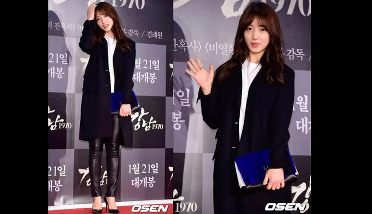 Mengenakan coat panjang berwarna hitam dengan skinny pants berwarna senada, Park Shin Hye menghadiri premier film Lee Min Ho, Gangnam Blues di Seoul Megabox, Selasa   (20/1/2015) malam.(dramafever.com)