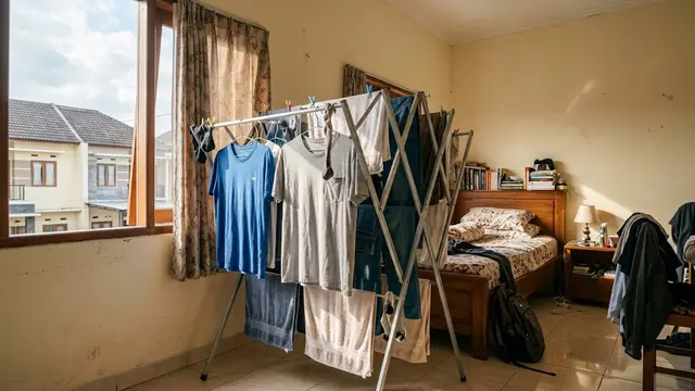 Menjemur pakaian di kamar