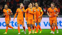 Pemain Timnas Belanda merayakan gol Tijjani Reijnders ke gawang Lituania di Grup G Kualifikasi Piala Dunia 2026 zona Eropa di Amsterdam, Selasa (18/11/2025) (AP Photo/Peter Dejong)