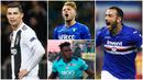 Berikut ini daftar pencetak gol terbanyak sementara Serie A 2019. Striker Sampdoria, Quagliarella, menduduki posisi teratas dengan koleksi 25 gol, sementara bintang Juventus, Cristiano Ronaldo di posisi tiga dengan 21 gol. (Foto Kolase AP dan AFP)