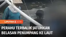 Perahu motor yang membawa rombongan keluarga pengantin terbalik di tengah laut di Polewali Mandar, Sulawesi Barat. Belasan orang jatuh ke laut, satu orang di antaranya harus dibawa ke rumah sakit.