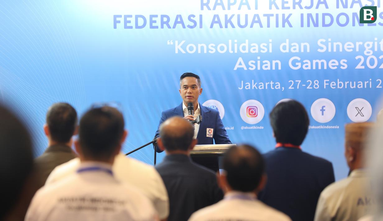 Ketua Umum Akuatik Indonesia, Anindya Bakrie, hadir dalam acara Rapat Kerja Nasional Akuatik Indonesia di Hotel Arya Duta, Jakarta, Sabtu (28/2/2026). (Bola.com/M Iqbal Ichsan)