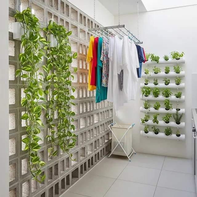 Inspirasi Area Jemuran Belakang Dapur dengan Roster Beton dan Tanaman Vertikal Pipa (Image by Gemini AI)