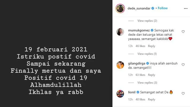 Unggahan Dede Sunandar terkait Covid-19 (Instagram)