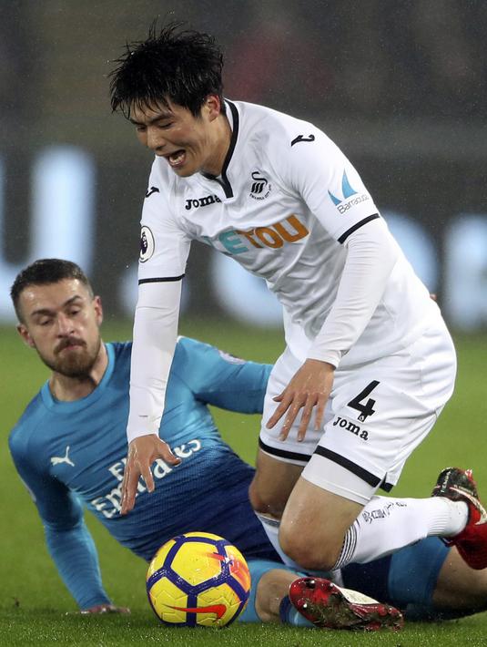 Pemain Arsenal, Aaron Ramsey (kiri) dan pemain Swansea City, Ki Sung-yueng berebut bola pada lanjutan Premier League di Liberty Stadium, Swansea, Wales, (30/1/2018). Arsenal kalah 1-3. (Nick Potts/PA via AP)