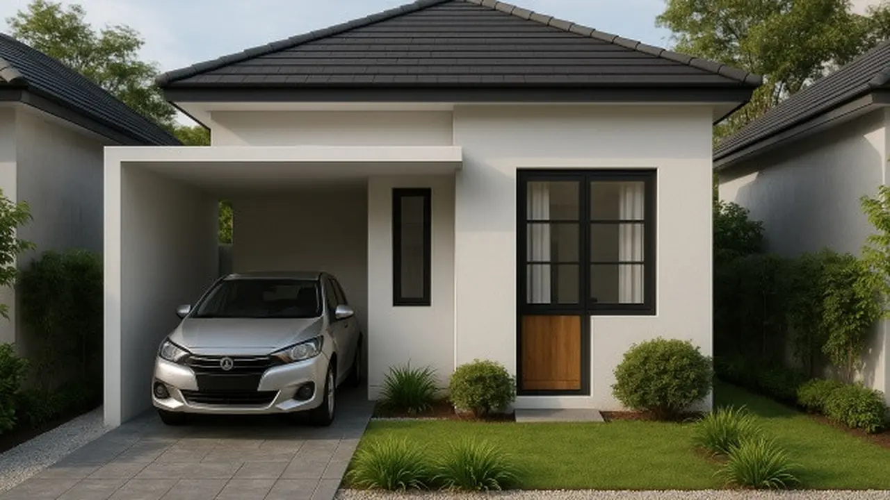 Ilustrasi Rumah dengan Taman Depan dan Carport (Credit: ChatGPT)