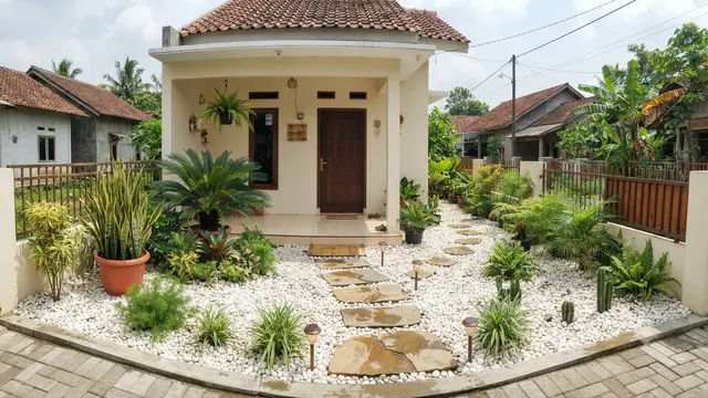 Gaya taman kering estetik ala resort di rumah mungil jadi ekslusif model dengan batu putih dan tanaman hijau