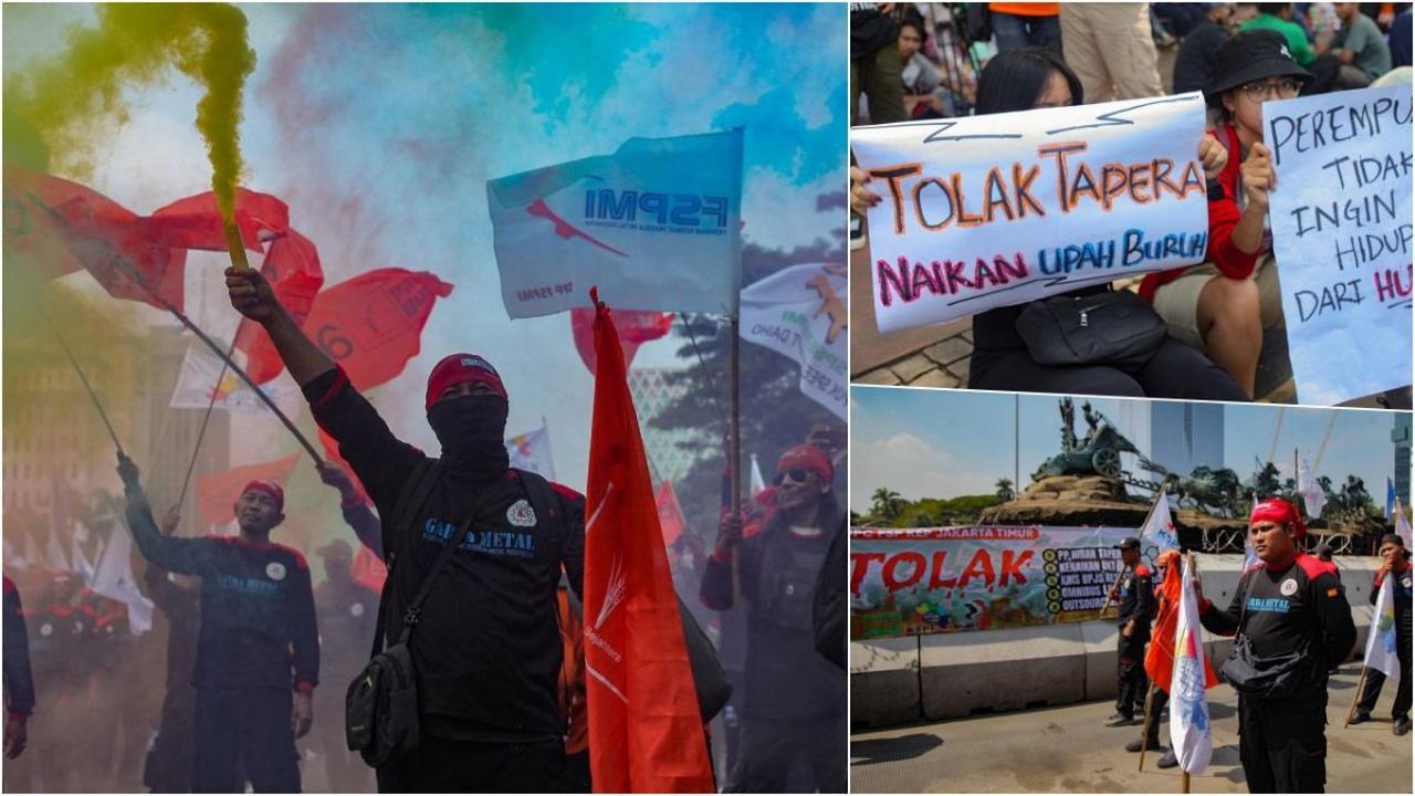 FOTO: Gelar Aksi di Patung Kuda, Massa Buruh Padati Thamrin Tolak Tapera