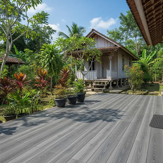 Perpaduan Lantai Teras Motif Kayu dengan Rumah Desa Sederhana