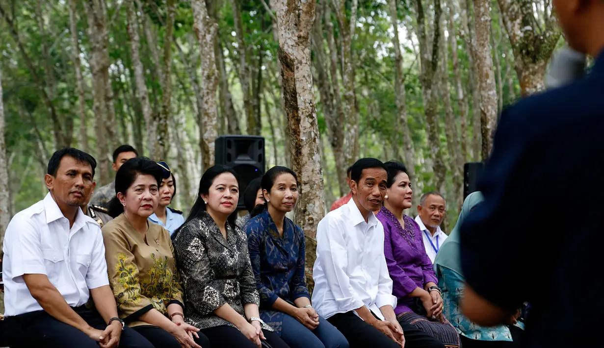 Presiden Joko Widodo (kedua kanan) beserta sejumlah menteri Kabinet Kerja membagikan Kartu Indonesia Sehat kepada para pekerja di Kabupaten Deli Serdang, Sumatera Utara, Sabtu (18/4). (Liputan6.com/Pool)
