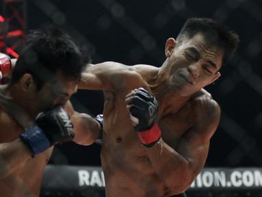 Petarung Indonesia, Stefer Rahardian, memukul petarung Filipina, Robin Catalan, saat bertarung pada laga ONE Championship di Istora Senayan, Jakarta, Sabtu (19/1). Stefer Rahardian kalah dari Robin Catalan. (Bola.com/M. Iqbal Ichsan)