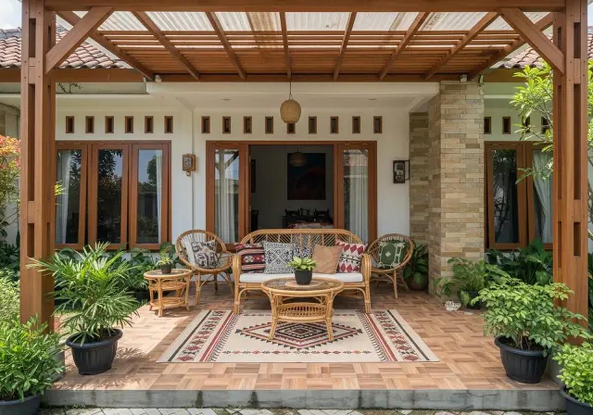 Konsep Rustic dengan Furniture Rotan/Model Rumah 1 Lantai dengan Teras Depan Luas (Sumber; gemini.com)