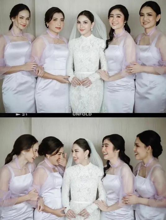 Bridesmaid pada pemberkatan Jessica Mila dan Yakup Hasibuan tampil manis dengan dress kombinasi satin dan organza nuansa lilac.  [Instagram/febbyrastanty]