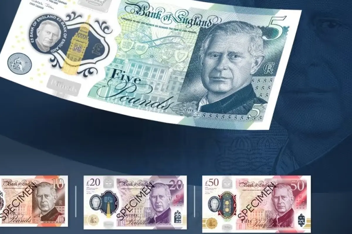 Foto pecahan uang kertas baru poundsterling senilai £5, £10, £20 dan £5 rilisan Bank of England pada 19 Desember 2022, menunjukkan potret Raja Inggris Charles III yang diperkirakan akan masuk sirkulasi pada pertengahan 2024. (Foto: AFP/Bank of England)