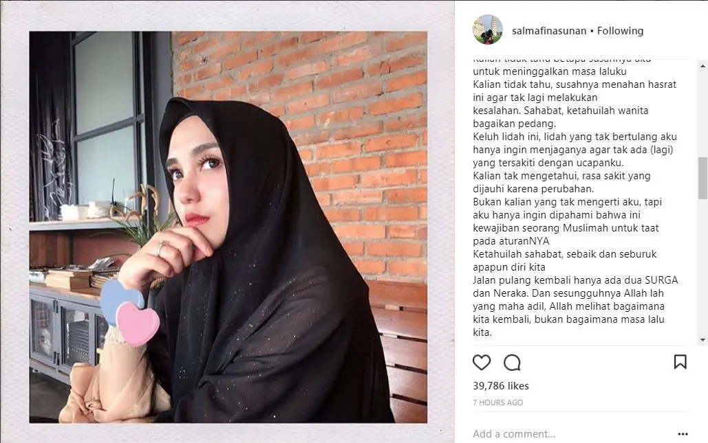 Salmafina Khairunnisa anggap dirinya pendosa (Foto: Instagram/@salmafinasunan)